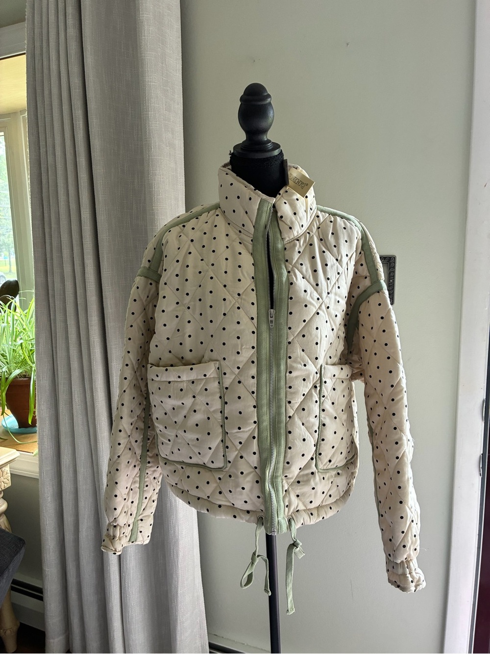 Blank NYC Cream Quilted Puffer Jacket with Navy Polka Dots and Sage Trim